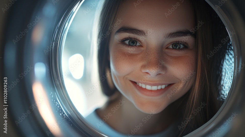 Smiling Woman Seen Through Washing Machine Door Smiling Woman Seen Through Washing Machine Door