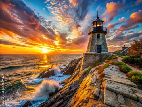 Castle Hill Lighthouse Newport Rhode Island: Dramatic Coastal Photography, Ocean View, Cliffside Landmark, New England Architecture, Sunrise Seascape