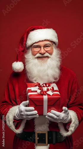 Santa Claus, wearing his classic red suit with white fur accents, is holding a stack of red and white gift boxes in his hands, red isolated backrgound, copy space on right