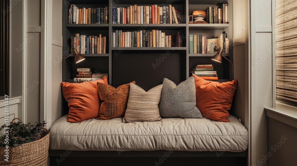 Cozy Reading Nook with Bookshelf and Pillows Cozy Reading Nook with Bookshelf and Pillows