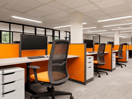 Digital inclusion efforts. Modern office interior with orange accents and ergonomic furniture. photo