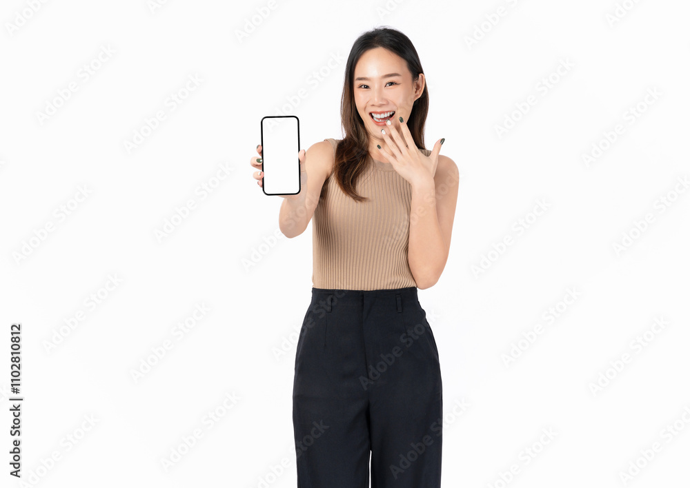 Beautiful Asian woman holding smartphone mockup of blank screen and smiling on white background. Beautiful Asian woman holding smartphone mockup of blank screen and smiling on white background.