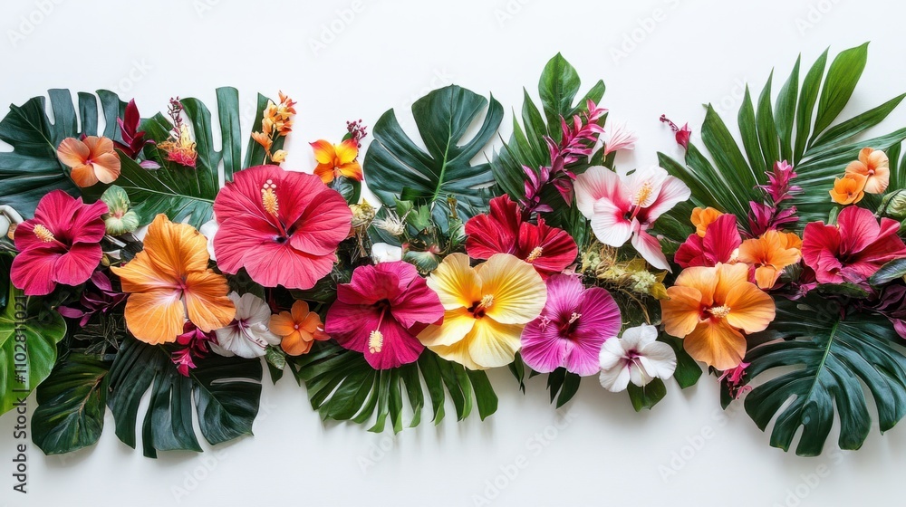 Artistic arrangement of tropical blooms including hibiscus and heliconias on a crisp white backdrop Artistic arrangement of tropical blooms including hibiscus and heliconias on a crisp white backdrop