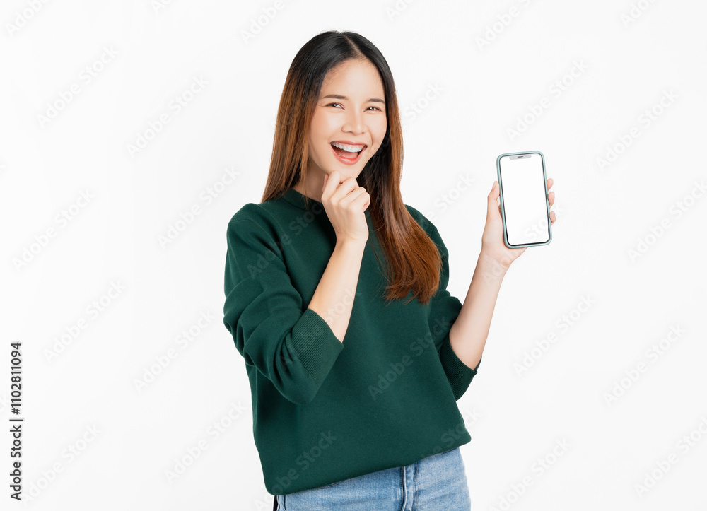 Studio shot of Beautiful Asian woman holding smartphone mockup of blank screen and smiling on white background. Studio shot of Beautiful Asian woman holding smartphone mockup of blank screen and smiling on white background.