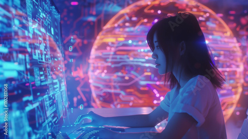 Wallpaper Mural Digital technology, internet network connection, big data, digital marketing IoT internet of things. Woman using modern computer surfing internet futuristic metaverse, innovative technology background Torontodigital.ca