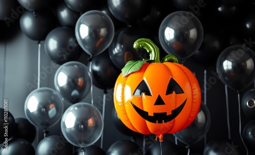 A festive halloween scene featuring an orange pumpkin balloon against a backdrop of black balloons perfect for spooky celebrations birthday backdrop Ultra realistic Photorealistic Deco era  photo