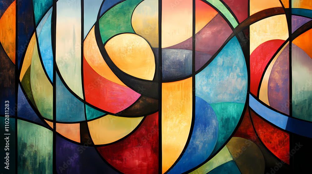 Fototapeta premium Abstract painting of an art deco window with colorful shapes and lines. Deco. Illustration