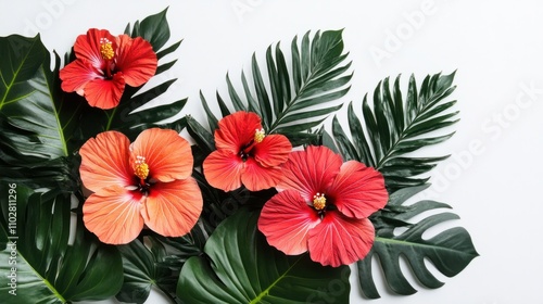 Wallpaper Mural Artistic set of tropical flowers with bright hibiscus and lush foliage, perfect for a clean white backdrop Torontodigital.ca
