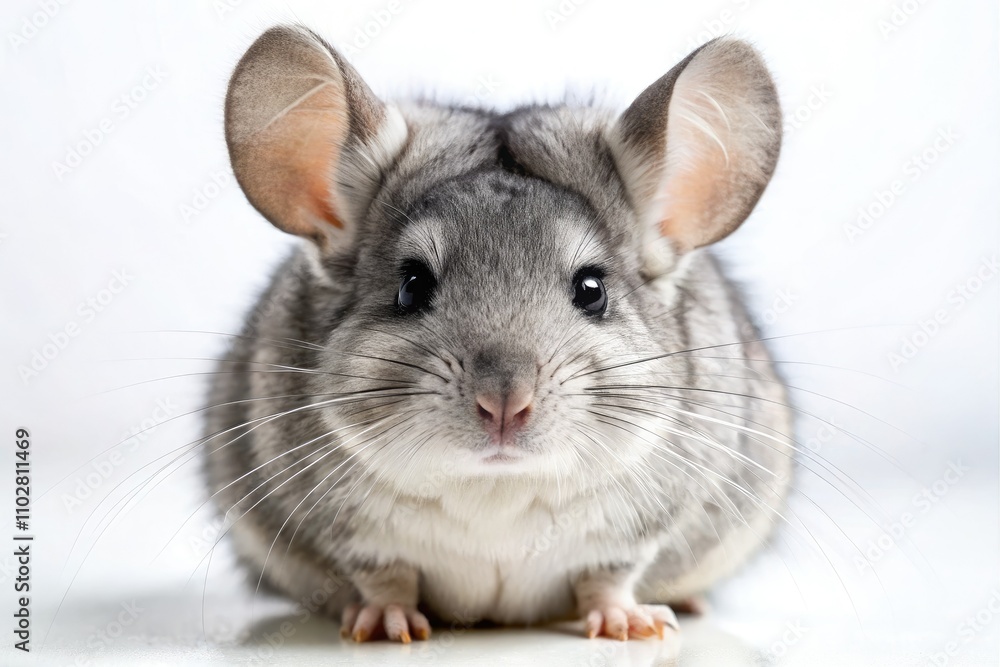 Chinchilla Closeup Front View, Fluffy Rodent Portrait, White Background, Aerial Photography, Pet Animal, Cute Mammal Chinchilla Closeup Front View, Fluffy Rodent Portrait, White Background, Aerial Photography, Pet Animal, Cute Mammal