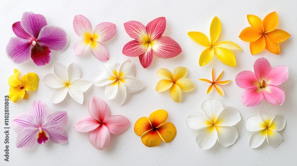 Bright tropical flower assortment with vibrant plumeria and orchids scattered elegantly on white Bright tropical flower assortment with vibrant plumeria and orchids scattered elegantly on white
