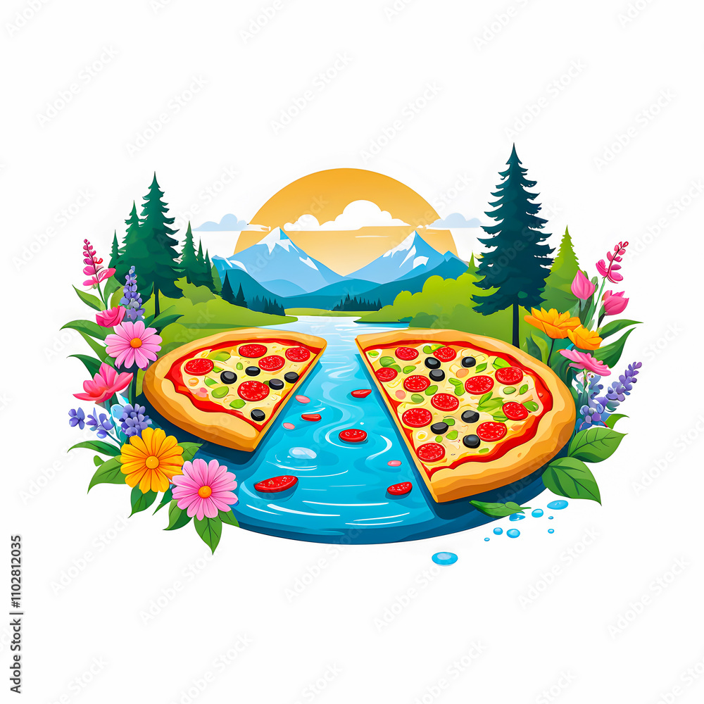 illustration of pizza near river surrounded by colorful flowers on white background. illustration of pizza near river surrounded by colorful flowers on white background.