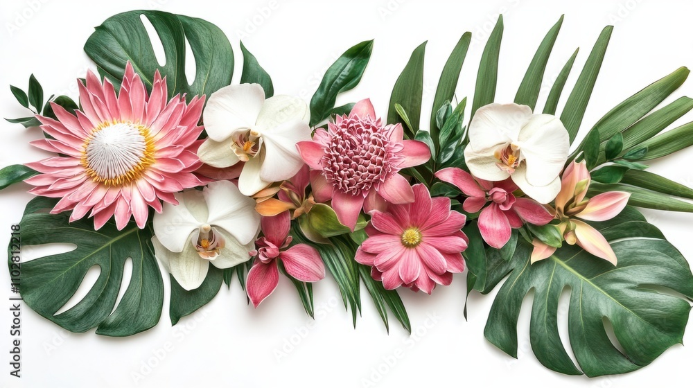 Collection of tropical flowers with proteas, orchids, and monstera leaves arranged beautifully on white Collection of tropical flowers with proteas, orchids, and monstera leaves arranged beautifully on white