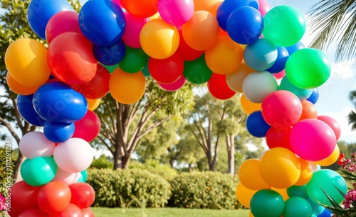 Colorful balloon arch in a vibrant outdoor setting perfect for celebrations and events birthday backdrop Ultra realistic Photorealistic Deco era  photo