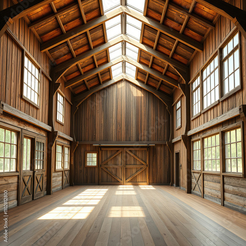 barn studio with natural light pouring in through windows and skylights, surrounded by rustic wooden beams and earthy color palette, natural materials, organic textures, vintage furniture