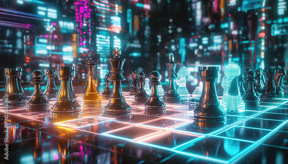 Futuristic chess game with holographic pieces Futuristic chess game with holographic pieces