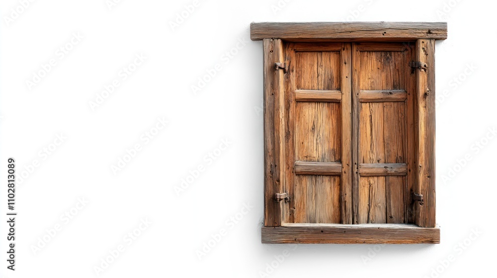 A rustic wooden window with shutters, showcasing a traditional architectural style. A rustic wooden window with shutters, showcasing a traditional architectural style.