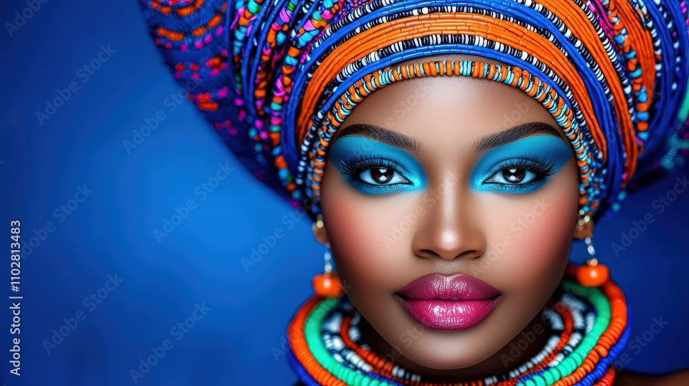 Stunning African Woman Colorful Headwrap Braids Beads Makeup Portrait Stunning African Woman Colorful Headwrap Braids Beads Makeup Portrait