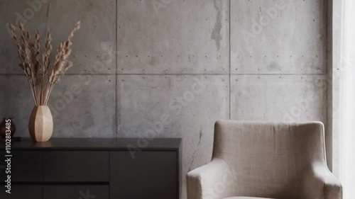 The minimalist soft interior design of the modern 
 and soft living room. Woodcarving cabinet, sideboard with textured doors, minimal decor, and abstract art on a stucco wall in sunlight. photo