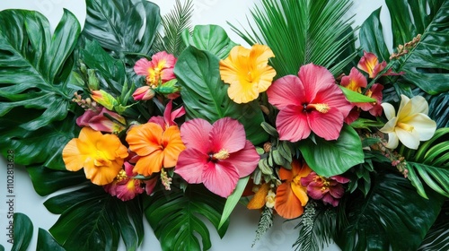 Stunning arrangement of tropical flowers featuring orchids, hibiscus, and lush green leaves on a white background