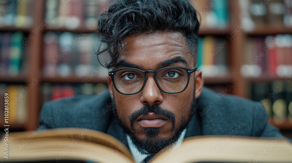 Fototapeta premium Focused Man Reading Book in Library Studying Learning Education Knowledge