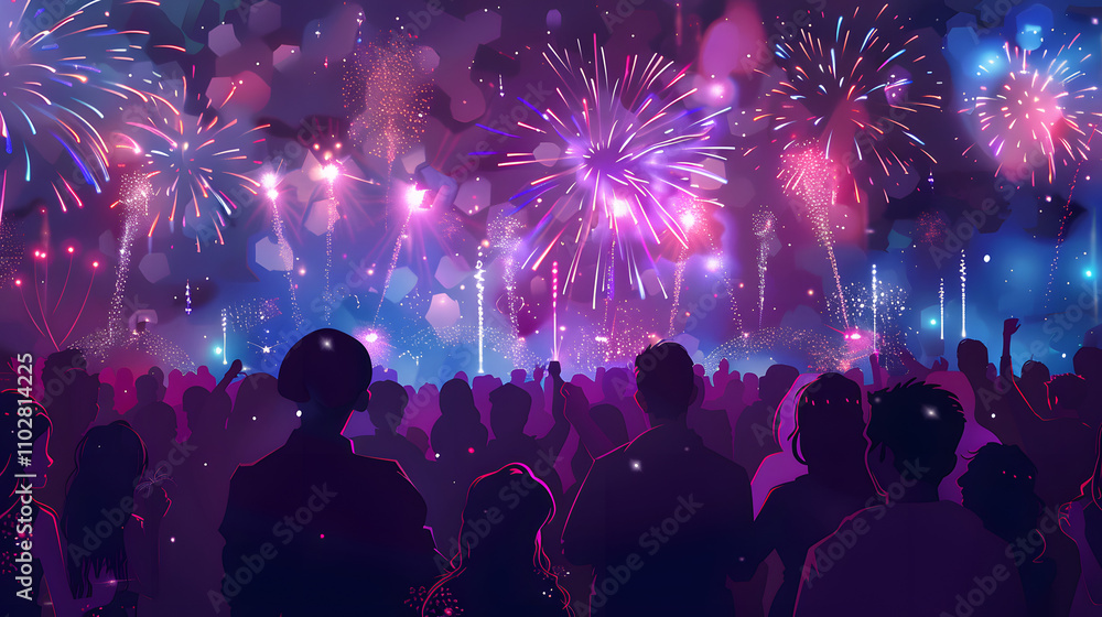 Fototapeta premium Crowd Watching Fireworks New Year Illustration background