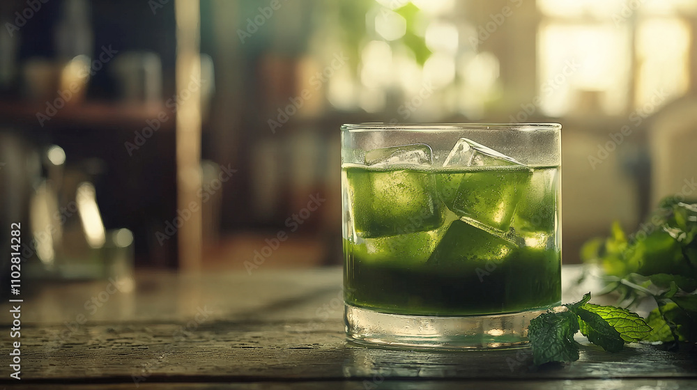 Refreshing matcha tea with ice cubes in glass, surrounded by mint leaves, evokes calming atmosphere. Perfect for warm day or relaxing moment Refreshing matcha tea with ice cubes in glass, surrounded by mint leaves, evokes calming atmosphere. Perfect for warm day or relaxing moment