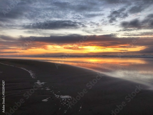 Winter Sunset on the Beach in Bandon Oregon.