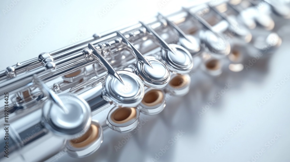 Fototapeta premium A close-up view of a silver flute showcasing its keys and craftsmanship.