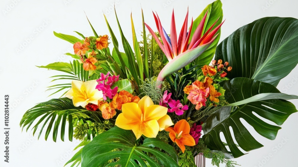 Vibrant tropical flower assortment with bird of paradise and lush foliage, perfect for a white backdrop Vibrant tropical flower assortment with bird of paradise and lush foliage, perfect for a white backdrop