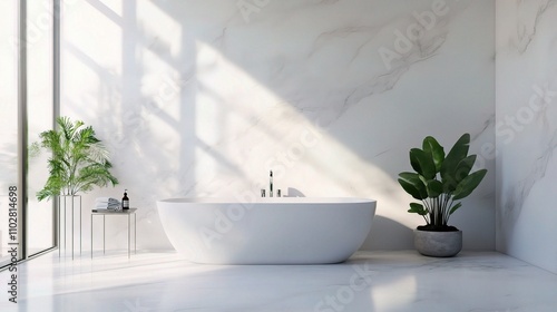 Modern Minimalist Bathroom Design with Elegant Bathtub and Plants photo