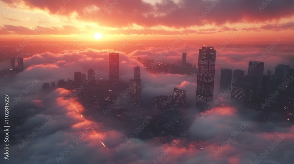 Fototapeta premium City in the Clouds: A Sunset Spectacle