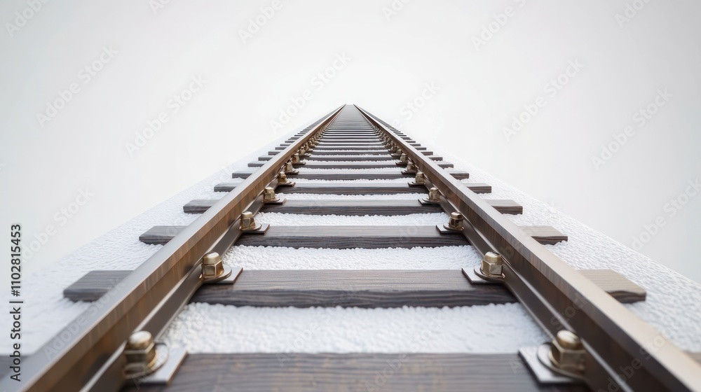 A close-up view of railway tracks leading into a bright, foggy distance. A close-up view of railway tracks leading into a bright, foggy distance.