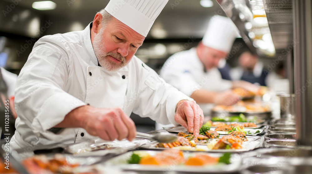 Caucasian male head chef dressed in a white chef's uniform and hat plating gourmet dishes in a professional kitchen alongside other chefs Caucasian male head chef dressed in a white chef's uniform and hat plating gourmet dishes in a professional kitchen alongside other chefs