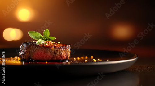 Perfectly cooked steak topped with herbinfused oil, modern luxury dining vibe with glowing accents, ultrarealistic photo