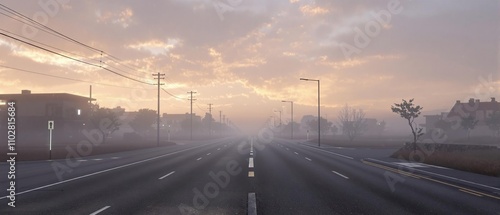 Gentle rain falling on a quiet street at dawn, misty morning, serene atmosphere