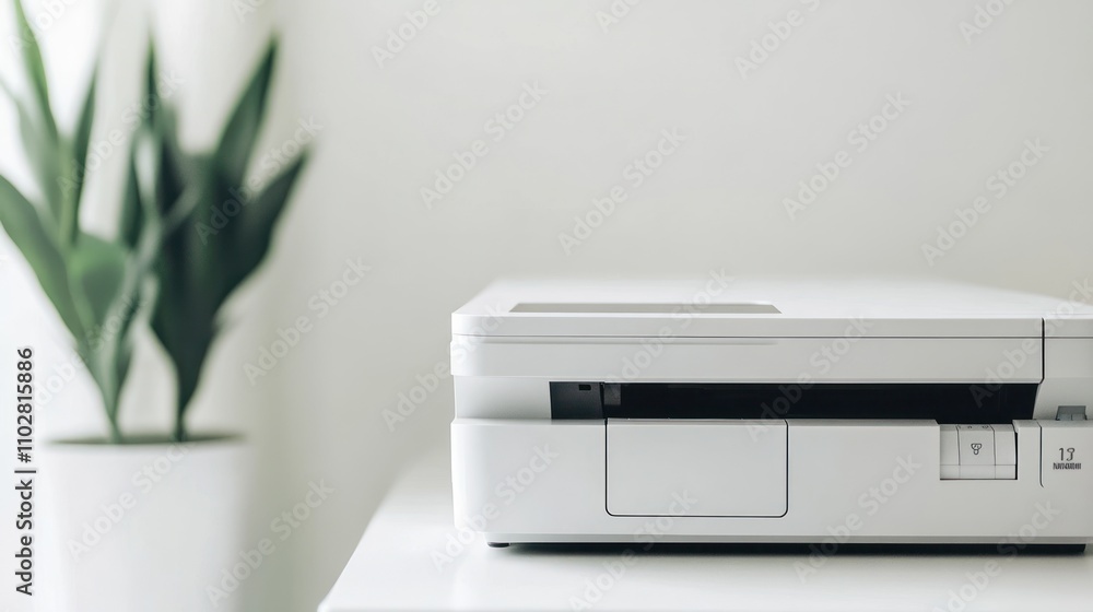 A modern printer placed on a table next to a green plant in a minimalist setting. A modern printer placed on a table next to a green plant in a minimalist setting.