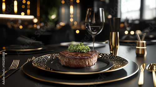 Steak plated with finesse, modern luxury dining scene with gold and black accents, ultrarealistic