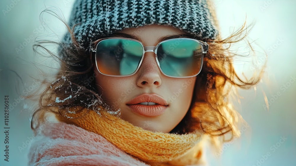 Bold and Vibrant Winter-Themed Portrait: Stylish Woman in Striped Knit Hat and Textured Tinted Sunglasses, Perfect as a Poster for Trendy Sports Interiors! Bold and Vibrant Winter-Themed Portrait: Stylish Woman in Striped Knit Hat and Textured Tinted Sunglasses, Perfect as a Poster for Trendy Sports Interiors!