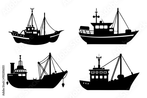 Fishing Boats Silhouette Vector Art Illustration.