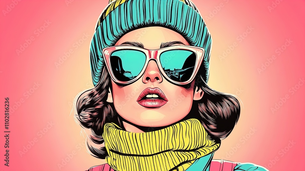 Bold and Vibrant Winter-Themed Portrait: Stylish Woman in Striped Knit Hat and Textured Tinted Sunglasses, Perfect as a Poster for Trendy Sports Interiors! Bold and Vibrant Winter-Themed Portrait: Stylish Woman in Striped Knit Hat and Textured Tinted Sunglasses, Perfect as a Poster for Trendy Sports Interiors!
