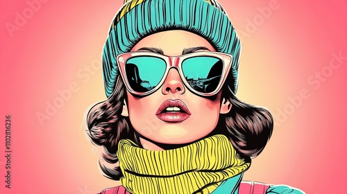 Bold and Vibrant Winter-Themed Portrait: Stylish Woman in Striped Knit Hat and Textured Tinted Sunglasses, Perfect as a Poster for Trendy Sports Interiors!