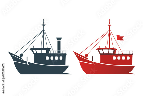 Fishing Boats Silhouette Vector Art Illustration.