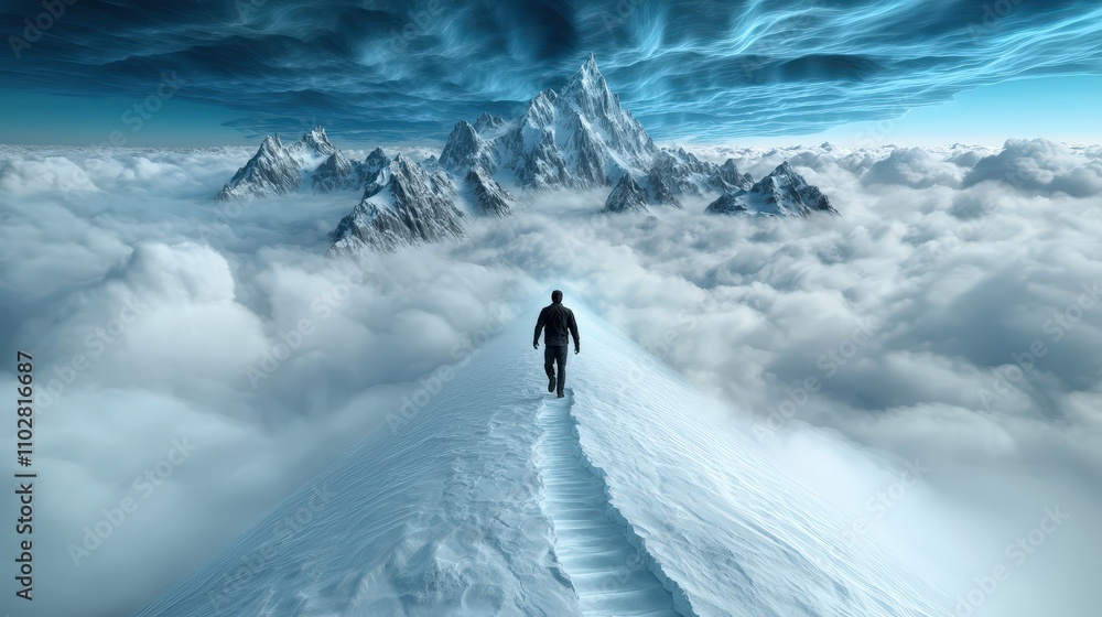 Solitary Figure Ascending Snowy Mountain Peak Above Cloudscape Solitary Figure Ascending Snowy Mountain Peak Above Cloudscape