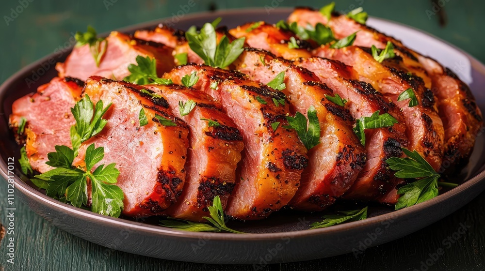 Sliced, juicy ham garnished with fresh herbs on a dark plate. Sliced, juicy ham garnished with fresh herbs on a dark plate.