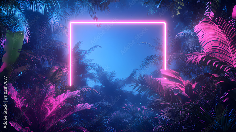 Neon frame illuminates a dense tropical forest at night. Luminescent. Illustration Neon frame illuminates a dense tropical forest at night. Luminescent. Illustration