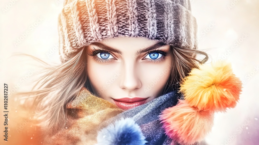 Bright and Cheerful Winter Portrait: Woman in Teal Knit Beanie with Orange Pom-Pom and Yellow Scarf - Perfect for Sporty Interior Decor or Festive Posters! Bright and Cheerful Winter Portrait: Woman in Teal Knit Beanie with Orange Pom-Pom and Yellow Scarf - Perfect for Sporty Interior Decor or Festive Posters!