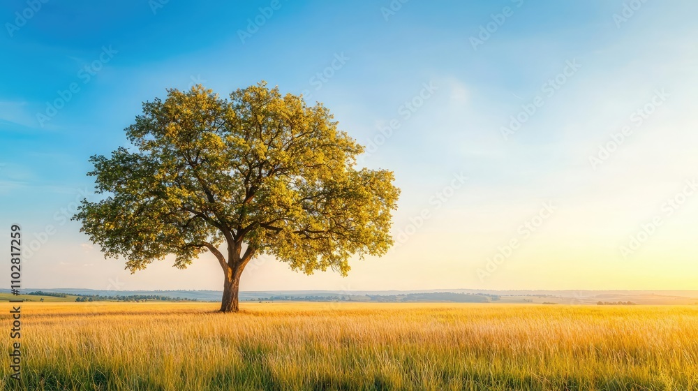 Lone tree standing in a golden field under a blue sky at sunset. Lone tree standing in a golden field under a blue sky at sunset.