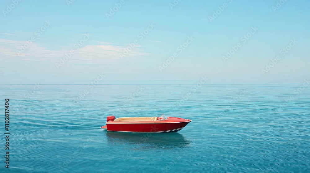 Red boat floating on calm blue water under a clear sky. Red boat floating on calm blue water under a clear sky.
