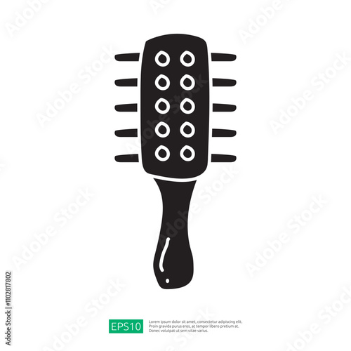 A simple black silhouette of a hairbrush with rounded bristles, designed for grooming and styling hair.