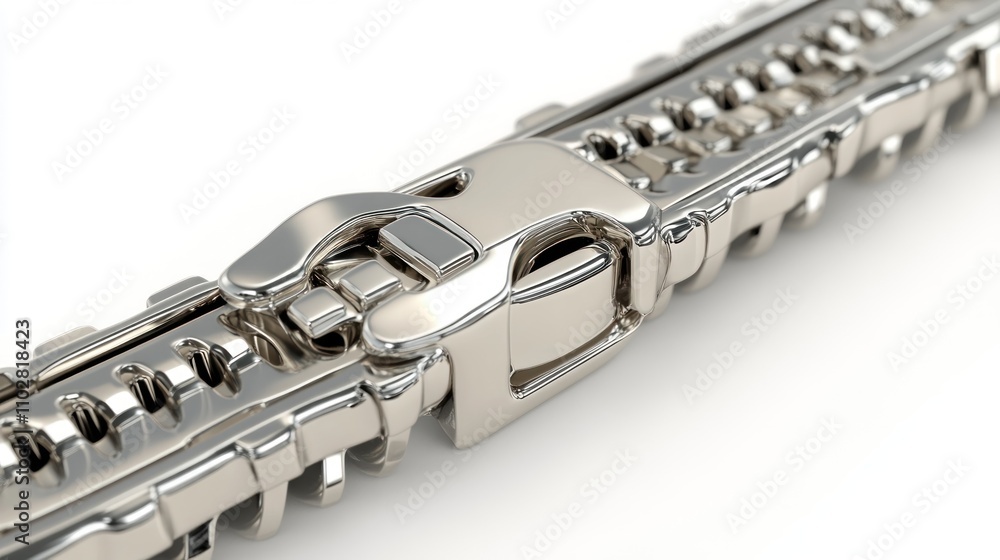 Obraz premium A close-up view of a shiny metallic zipper showcasing its teeth and slider mechanism.